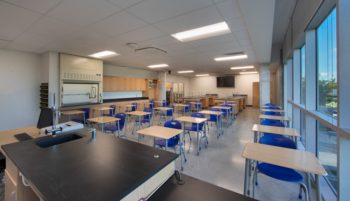 Interior design view of a science classroom at the Mater Academy stem charter high school in Miami, FL 